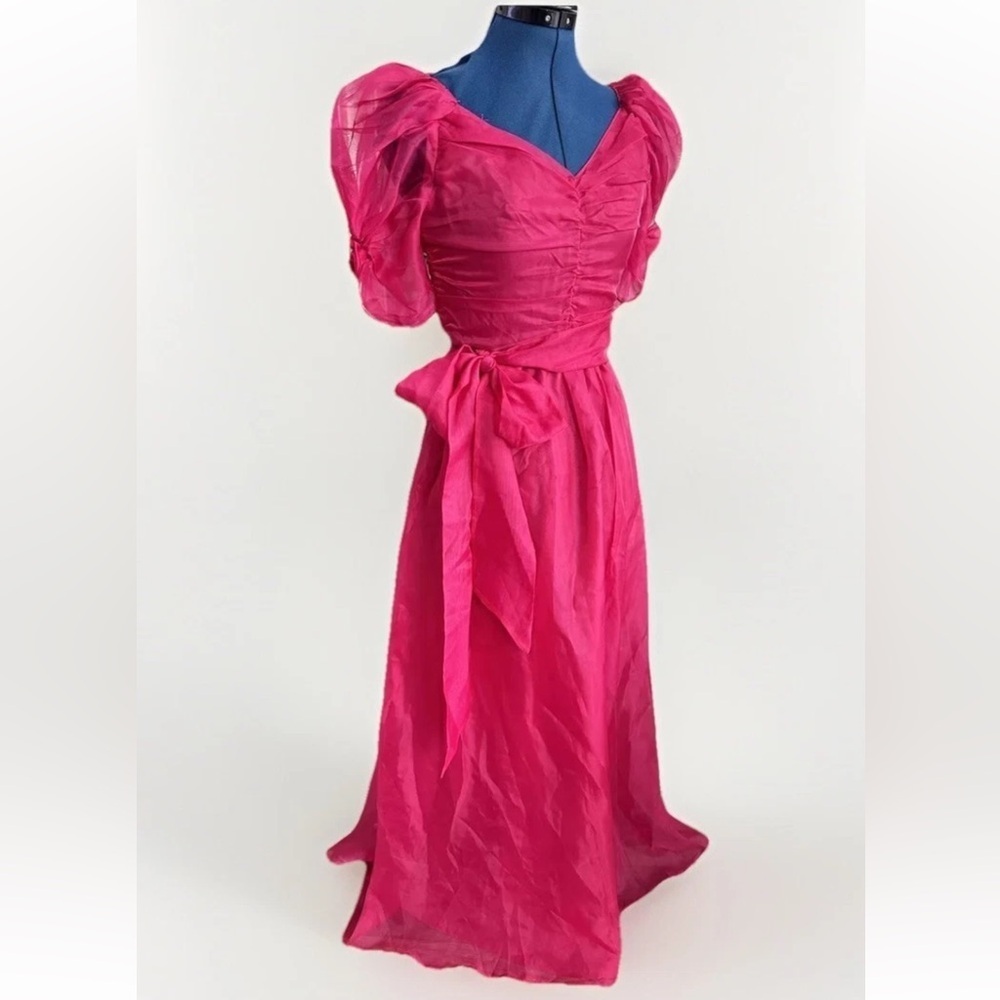 Vintage 80s NEW LEAF by Samir Ruched Pink Puffy Sleeves Flower Maxi Dress